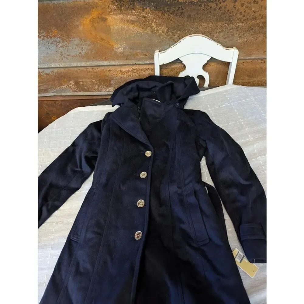 Michael Kors Wool Blend Button Front Hooded Trench Coat Long Sleeve Size Medium